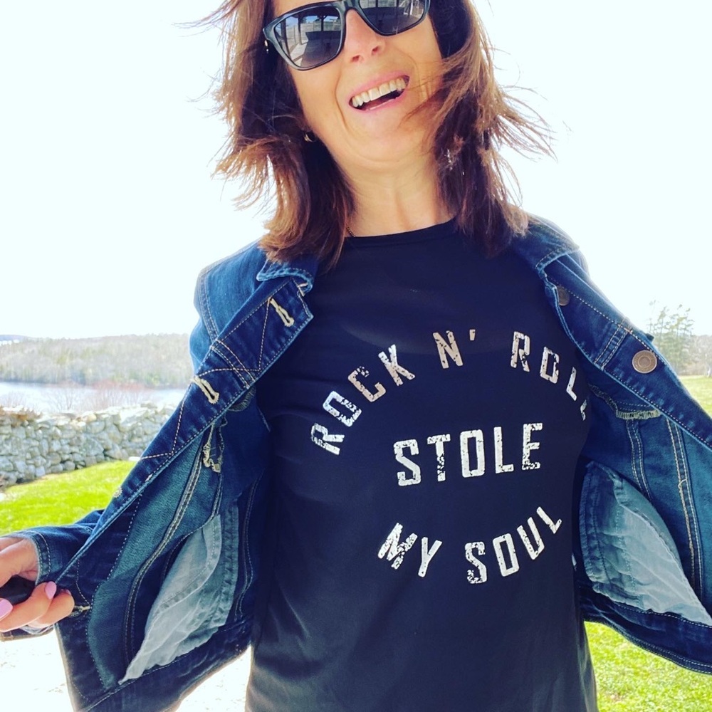 Chloe & Katie black graphic sheer T-shirt “Rock N’ Roll Stole my Soul”